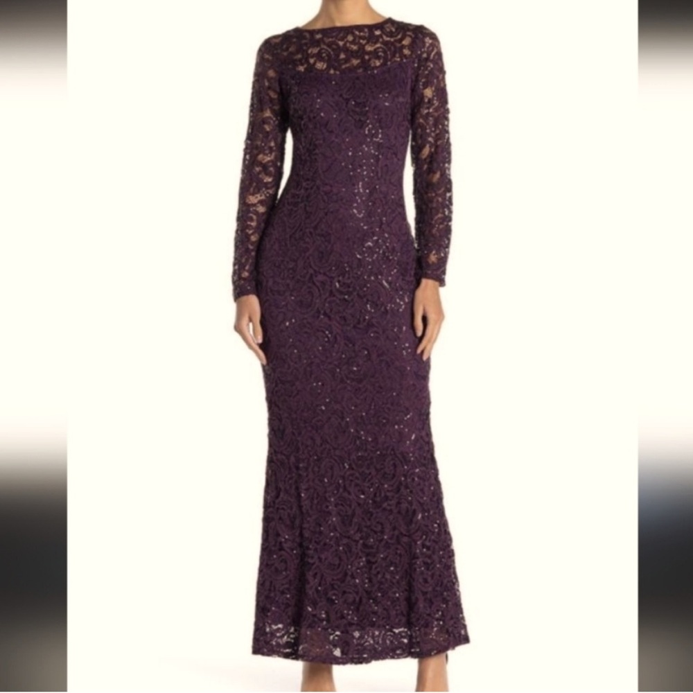 Marina size small 
Brand New with tags 
Eggplant Lace Gown
Keyhole back
